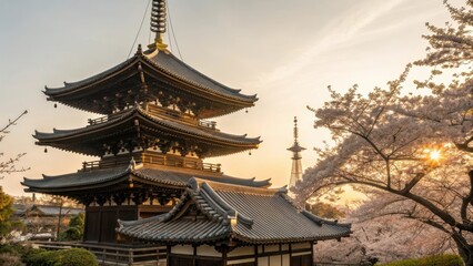 Fototapeta premium Japanese Pagoda Surrounded by Cherry Blossoms with Sunrise