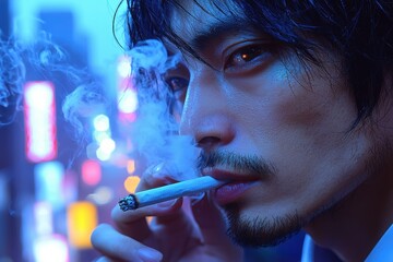 Fototapeta premium A close-up of a contemplative man smoking a cigarette, surrounded by a blue haze and vibrant city lights, capturing a moody urban atmosphere.