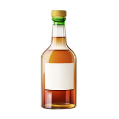 A digitally rendered image shows a glass bottle filled with amber liquid and a blank white label.