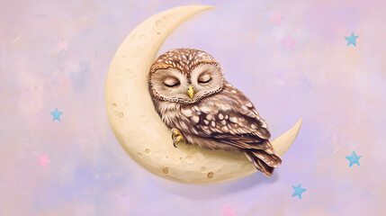  Sleeping Owl on Moon. A peaceful owl rests on a crescent moon surrounded by stars. Whimsical and dreamy nighttime illustration.