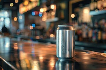 High Definition Image of Chilled Beverage Can on Bar Counter with Blurred Background