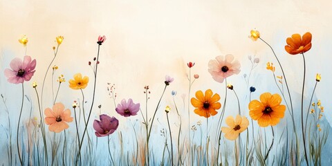 Obraz premium Vibrant Spring Garden with Colorful Wildflowers and Soft Pastel Background for Beautiful Nature Decor