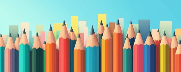 A vibrant array of colored pencils arranged neatly, showcasing a variety of shades against a soft blue background.