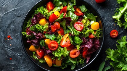 Overhead view of stir fry salad in a pan