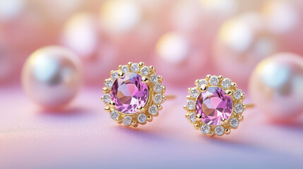 Pink Gemstone Earrings with Pearls. A close-up of luxurious pink gemstone earrings surrounded by pearls, symbolizing elegance and beauty.