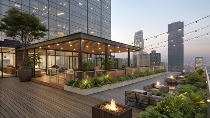 Modern Rooftop Garden Showcasing Cozy Seating and Cityscape Views