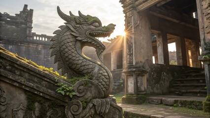 Moss-Covered Stone Dragon Ornament Guards Crumbling Staircase