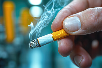 A close-up of a hand holding a burning cigarette, with smoke rising, set against a blurred background.