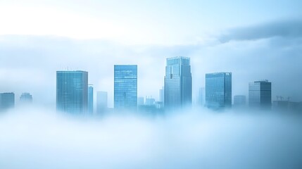 Fototapeta premium Ethereal and Captivating View of a Foggy Urban Skyline with Faint Silhouettes of Towering Buildings Emerging from the Mist