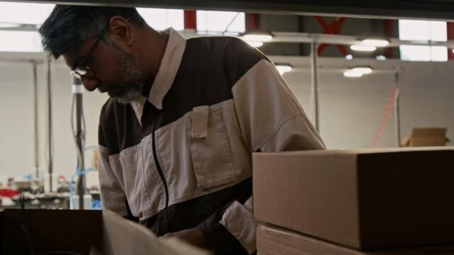 Medium arc shot of busy mature Indian male industrial factory manager in uniform scanning barcode on box stored on rack, using handheld scanner, making notes, then picking it up and carrying away