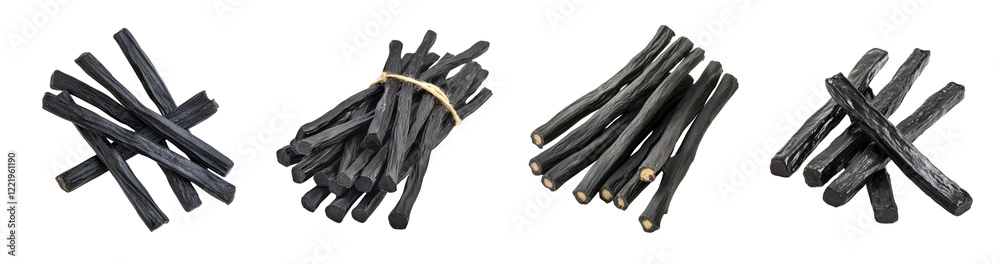 Poster a studio shot showcasing multiple arrangements of black licorice sticks, highlighting their texture 