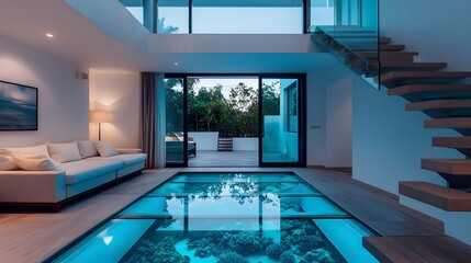 Extravagant overwater villa featuring glass floors that offer a mesmerizing view of the vibrant coral reef below set amidst a serene tropical paradise