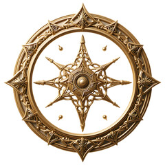 A highly detailed golden circular emblem features a central eight-pointed star within an ornate frame.