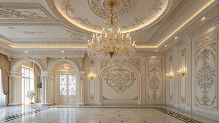 Obraz premium Opulent Interior Showcasing Crystal Chandelier with Marble Floor