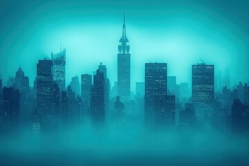 Fototapeta premium A misty city skyline featuring iconic skyscrapers shrouded in an ethereal blue hue, creating a mysterious and dreamy atmosphere, with dust, PM 2.5 and air pollution.