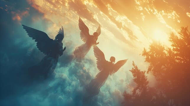 an ethereal background with soft silhouettes of angels against a dawn or sunset sky.