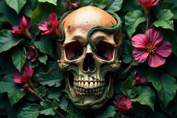 Petals intertwined with twisted vines forming a skull shape amidst foliage, nature, skull, organic
