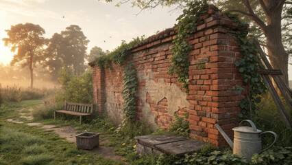 Naklejka premium Rustic Red Brick Wall Surrounded by Ivy in Misty Garden at Sunrise