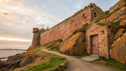 Rustic Pink Granite Wall with Coastal Fortress Path and Wooden Door
