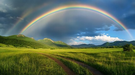Naklejka premium Rainbow over the meadow in the mountains. Beautiful summer landscape