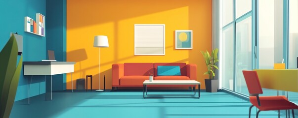 A modern living room featuring vibrant colors, a cozy couch, stylish furniture, and large windows letting in natural light.