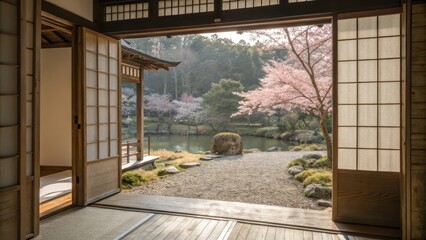Fototapeta premium Shoji Screen Doors Frame Serene Japanese Garden with Cherry Blossoms