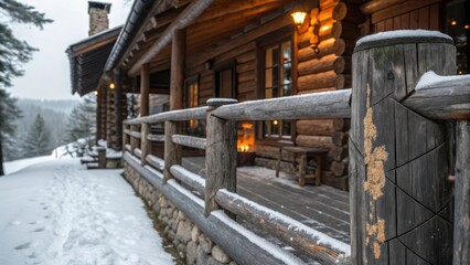Snow-Dusted Rustic Log Cabin Porch Showcases Warm Interior Glow