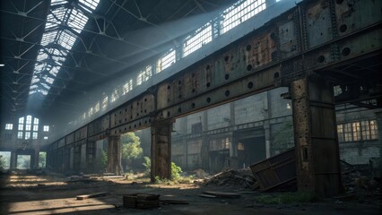 Naklejka premium Sunbeams Illuminate Dust Motes in a Derelict Industrial Building