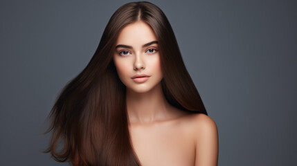 Naklejka premium A beautiful woman with long straight brown hair, touching her hair, in a beauty parlour.