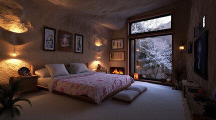 Warm and Cozy Cave House Interior with Winter View