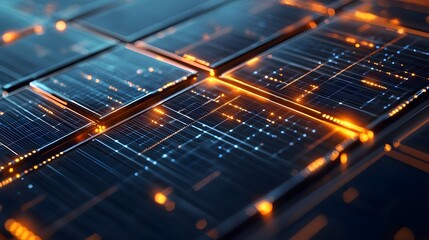 Innovative of solar and wind energy with a glowing interconnected digital data grid system showcasing a futuristic clean and sustainable energy concept in a 3D