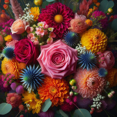 Vibrant Floral Bouquet with Roses, Dahlias, and Wildflowers