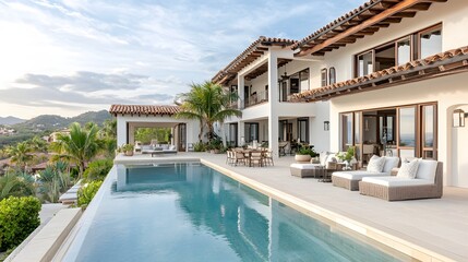 Fototapeta premium Luxurious oceanfront villa nestled in a prime location featuring a breathtaking sunset view and meticulously designed high end interiors that exude an atmosphere of exclusivity and sophistication