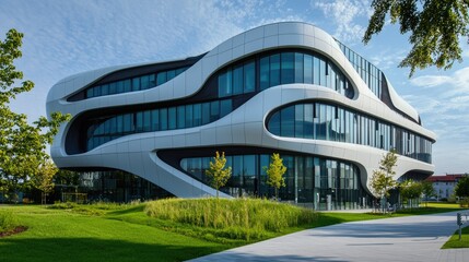 Fototapeta premium an image of a modern building with an innovative facade, featuring dynamic shapes and materials.