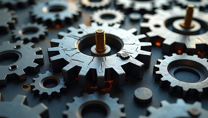 A single gear with jagged edges within a network of smooth gears, symbolizing disruption and the identification of threats in a collaborative system.

