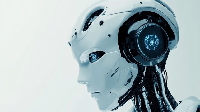 A close-up of a humanoid robot’s high-tech communication module on its head, modern tech environment, Innovative style