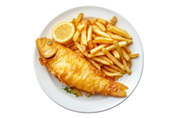 Traditional fish and chips with golden crispy fish fillet and fries isolated on white or transparent, PNG