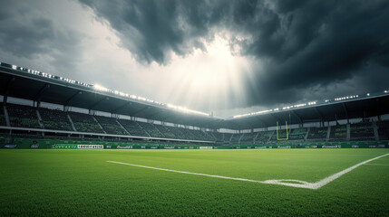 Fototapeta premium Empty football stadium under dramatic sky, showcasing solitude and anticipation in sports, symbolizing moments of pause before the roar of the crowd returns.
