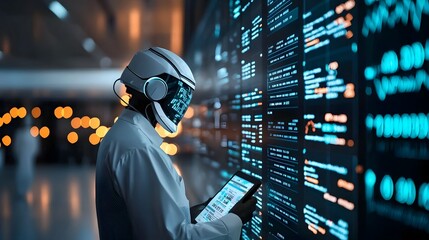 Robotic assistant powered by advanced intelligence analyzing real time market data and visualizing complex financial information on digital screens in a high tech business environment