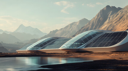 A futuristic solar panel system with AI-controlled alignment to optimize energy efficiency, featuring sleek solar panels positioned for maximum solar energy absorption.