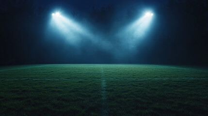 Football field illuminated by stadium lights with copy space on dark background