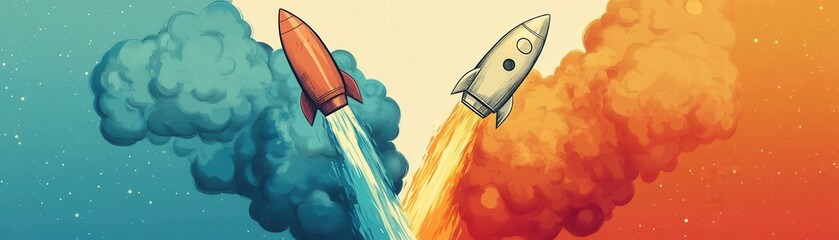 Two colorful rockets soar through vibrant clouds, symbolizing exploration and innovation in a dynamic space-themed design.