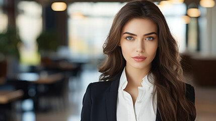 Obraz premium A Turkish businesswoman with brown eyes, dressed in professional attire, exuding confidence and elegance in a portrait setting. ample space for text.
