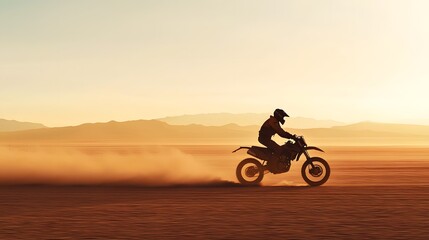 Silhouetted off road motorcycle rider kicking up a trail of dust as they jump over vast desert dunes at sunset with a dramatic landscape in the background