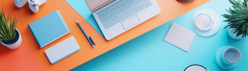 A stylish workspace featuring a laptop, notebooks, a pen, and plants on a vibrant blue and orange desk.