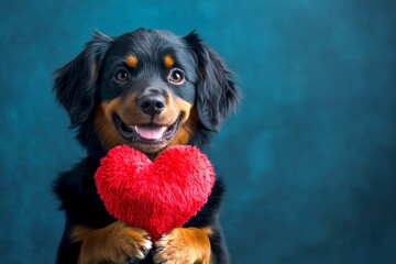 Promotion creative. Cute gordon setter pooch with fluffy red heart - emblem of love, funny greeting card. Gordon setter - my desired dog. Valentine's pet themes. Cute valentine's pet moments.
