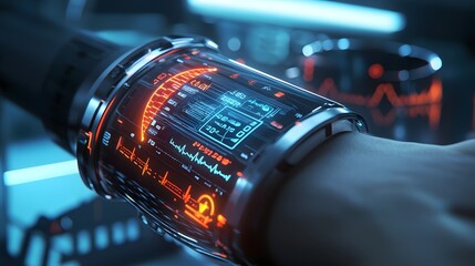 Sleek and modern wearable health device featuring a glowing screen that displays real time biometric data and vitals showcasing the future of personalized healthcare and digital wellness monitoring