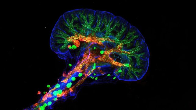 Capture the active role of microglia in the brain, represented abstractly with dynamic shapes and colors.