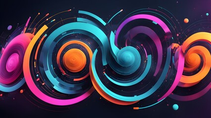 Abstract vibrant swirling circles and lines in pink, teal, and orange on a dark background.