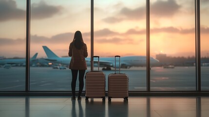 Fototapeta premium Two modern suitcases standing by an airport window with airplanes in the background sunset glow reflecting on the glass creating a serene and peaceful travel scene